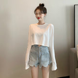 Kukombo Long Sleeve T-Shirts Women Spring Solid Loose Crop Top Sexy New Trendy Leisure Girls T-Shirt Korean Stylish Teens All-Match Chic