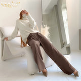 Kukombo High Waist Classic Wide Leg Trousers Women Elegant Pleated Palazzo Pants With Sash Ladies Long Pants Office 2022 spring
