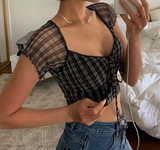 Kukombo Summer Blouse Women Ruffle Blusas Elegant Short Sleeve Shirt Vintage Black Top Korean Fashion Crop Tops Black Plaid Shirts Top