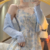 Kukombo French Floral Strap Midi Dress Women Vintage Elegant 2 Piece Dress Set Fashion Suits Casual Blouse Korean Clothing 2022 Summer