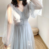 Kukombo Spring Women Dress V-Neck Puff Sleeve Mesh Midi Dress Vestidos De Mujer Casual Pink Sweet Lace Fairy Dress Elegant Long Dresses