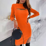 Kukombo Sexy Hollow Long Sleeve Midi Dress Solid Color Slim Fit Fashion Hollow Out One Step Korean Robe Club Pencil Dress For Women