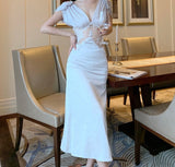 Kukombo New Elegant Satin Dress Women V-Neck Puff Sleeve Vintage Party Dresses Women Clothing Gloss Embroidery Lace Vestido