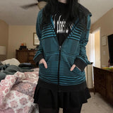 Thanksgiving Gift Dourbesty 2000S Goth Mall Hoodies Women Full Sleeve Sweatshirts Harajuku Grunge Striped Print Zip Up Vintage Jackets Coat Autumn