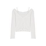 Kukombo  White Lace Fake Two Piece Suspender Long Sleeve T-Shirt Women's Autumn Machine Sexy Off Shoulder Bottoming Shirt Short Tops
