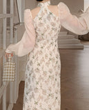 Kukombo Vintage Elegant Cheongsam Dress Women Floral Embroidery Design Party Fairy Dress Female Spring Court Retro Long Split Dress