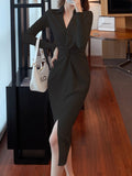 Kukombo Women's Spring Vintage Party Midi Black Dress Long Sleeve Bodycon Elegant Vestidos Female Fashion Outerwear Business Clothes