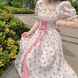 Kukombo Vintage Sweet Lace Up Lolita Dress Women Aesthetic Pink Floral Print Square Collar Bandage Fairy Dresses One Piece Dress Korean