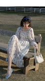 Kukombo 2022 Spring Summer Fashion Sweet Korean Style Chiffon Floral Dress Long Sleeve Square Collar Dress Elegant Casual A-Line Dress