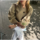 Kukombo Round Neck Button Long Sleeved Jacket Women Loose Khaki Pocket Cropped Coat Autumn Fashion Female Casual Street Outwears