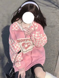 Cyber Monday Sales Korean Fashion Plaid Hoodies Women Harajuku Kawaii Zip Up Oversized Sweatshirts Pink Checkerboard Casual Tops Vintage