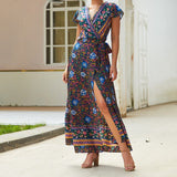 Kukombo Summer Vacation Holiday Dress Boho Green Printed Sashes Ruffles Bohemian Midi Dress V-Neck Irregular Short Sleeve Sundress