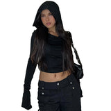 Kukombo Women Dark Style Black Sweatshirt Hip Hop Simple Hooded Clothes Navel Exposed Sports Style Fall Long Sleeve