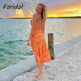 Graduation Gift Big Sale Sexy Criss Cross Backless Orange Women Summer Dress Swinging Collar Strapy Boho Flower Slip Midi Dress Green Beach Dress Solid