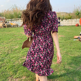 Kukombo Summer Vintage Chiffon Floral Dress Women Fashion Elegant Short Sleeve V-Neck Ruffled Mini Dresses Female