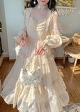Kukombo Court Vintage Fairy Dress Women Sweet Ruffles High Waist Elegant Princess Dress Female Summer Casual Classy Party Dress New