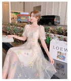 Kukombo Sweet Mesh Lace Fairy Dress Summer Woman Puff Sleeve Embroidery Floral Elegant Romantic Princess Dresses For Party Night Vestido