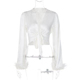 Satin Women Blouse Feather Top Elegant Sexy Long Sleeve Casual Tops Tie Up V Neck White Black Shirt Office Lady Luxury Cardigan