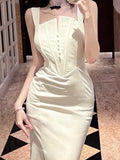 Kukombo Elegant Summer Bodycon Women Fashion Party Midi White Dress Spaghetti Strap Slim Vintage Prom Wedding Sundress Femme Robe Cloth