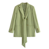 Kukombo Office Lady Solid Green Oversized Long Blazer Women Long Sleeve V Neck Loose Jacket Female Vintage Outwears