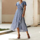 Kukombo Summer Vacation Holiday Dress Boho Green Printed Sashes Ruffles Bohemian Midi Dress V-Neck Irregular Short Sleeve Sundress