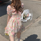 Kukombo Elegant Floral Print Chiffon Beach Dress Women Vintage Puff Sleeve Slash Neck Backless Fairy Dresses Vacation Casual Mini Dress
