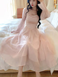 Kukombo Elegant Evening Party Midi Dress Women Bubble Sleeve French Vintage Sweet Dress Female Pink Korean Style Fairy Dress Autumn