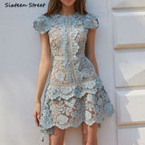 Kukombo Vintage Lace Women's Dress Blue Green High Waist Irregular Mini Dress Vestido Woman Short Sleeve Runway Sexy Party Bodycon