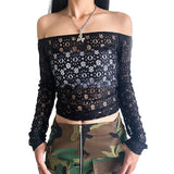 Kukombo Women Off Shoulder Lace Tank Top Y2k Streetwear Tube Top Long Sleeve Off Shoulder Casual Top Fall Long Sleeve