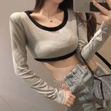 Kukombo Spring Autumn Korean Women's Fashionable Sexy Round Neck Open Belly Long Sleeve T-Shirt Slim Contrast And Patchwork Harajuku Top