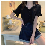 Kukombo Summer Short Sleeve Cardigan Cropped Tops Women New Blue Cartoon Printed High Waist Fitness Knitted Jacket Woman