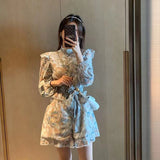 Kukombo Back to school outfit Retro Jumpsuit Ladies 2023 High-Waist Lace-Up Three-Quarter-Sleeve French Elegant Ruffled Lace Stitching Floral Wear