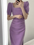 Kukombo Women Summer New Elegant Bodycon French Midi Dress Short Sleeve Slim Vintage Party Vestidos Femme Fashion Solid Clothes Robe