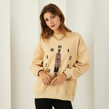 Kukombo Yellow Dark Grey Long Sleeve Korean Fashion Abstract Clock Graphic Sweatshirt Vintage Fleece Warm Crewneck Sweatshirt Women