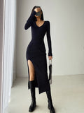 Kukombo Long Sleeve Midi Dress Woman V Neck Knitted Dresses Solid Autumn Winter High Slit Bodycon Dress Y2k Fashion Khaki Sweater Dress