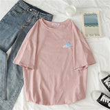 Kukombo T-Shirts Women Short Sleeve Tees O-Neck Embroidery All-Match Basic Fashion Unisex Teenagers Leisure Soft Summer Simple Clothes