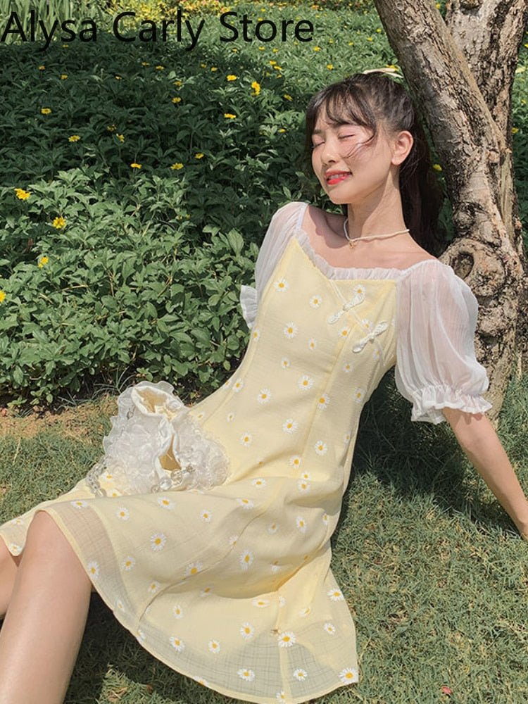 Kukombo Yellow Floral Vintage Dress Women Patchwork Chiffion Puff Sleeve Sweet Fairy Dress Female Elegant Korean Party Dress 2022 Summer