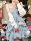 Kukombo Blue Strap Mini Dress Women Korea Clothing Fashion Suits Casual 2 Piece Dress Set Female Kawaill Elegant Party Dress Summer