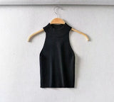 Kukombo Vintage High Neck Ribbed Knitted Tank Tops Female Summer Casual White Solid Stretch Crop Top for Women Clothing 2022 NEW