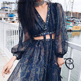Kukombo Boho Vacation Dress Woman Summer V-Neck Long Lantern Sleeve Dark Blue Chiffon Vestido Woman Dresses Rivets Beach Maxi Dress 2022
