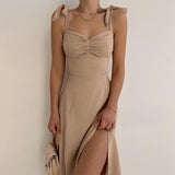 Kukombo Zjkrl Elegant Slit Midi Dress Outfits For Women Summer Holiday Sundresses Sexy Backless Bow Tie Gown Vestido