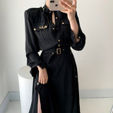 Kukombo Vintage Cargo Dress Woman With Belt High Waist Single-Breasted Vestidos Woman Clothing Korean Chic OL Black Maxi Dresses Female