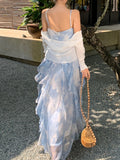 Kukombo Fashion Summer Elegant Casual Floral Blue Dress Women Sleeveless Vintage A-Line Beach Party Vestidos Female Chic Robe Clothes
