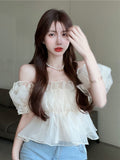 Kukombo New Style Square Neck Mesh Women Shirts Summer Puff Sleeve One Shoulder Ruffle Crop Tops Female