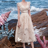 Kukombo New Elegant Strap Dress Women Spring Summer Elegant Embroidery Flora Bodycon Dress Woman Party Sleeveless Beige Clothing