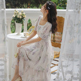 Kukombo Women's Summer Short Sleeve Floral Dress Square Neck Lace Sweet Retro Chiffon Midi Dress Elegant Ladies Dress High Waist Cutout