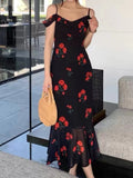 Kukombo Elegant Sexy Spaghetti Strap Midi Women Summer Black Dress Floral Print Rose Slim Party Vestidos Female Fashion Beach Clothes