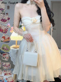 Kukombo Summer Sexy Fairy Dress Women Sweet Elegant Backless Mini Dresses Chic Korean Strapless High Waist Party Casual Dress 2022 New