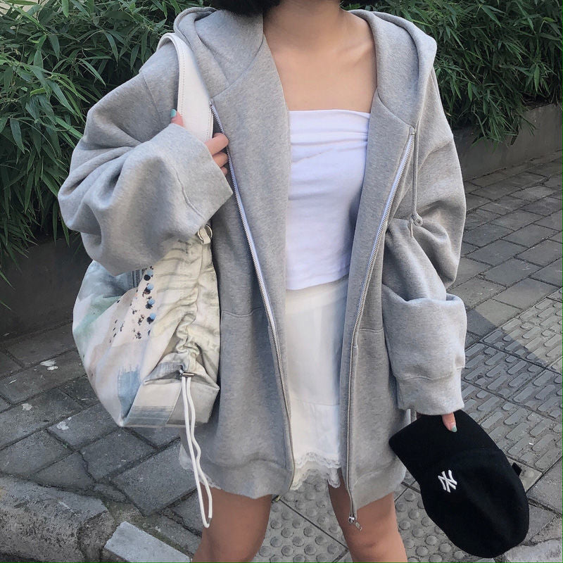Cyber Monday Sales Korean Style Oversize Gray Hoodies Women Streetwear Loose Hooded Sweatshirt Female Casual Black Long Sleeve Tops Jacket
