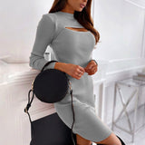 Kukombo Sexy Hollow Long Sleeve Midi Dress Solid Color Slim Fit Fashion Hollow Out One Step Korean Robe Club Pencil Dress For Women